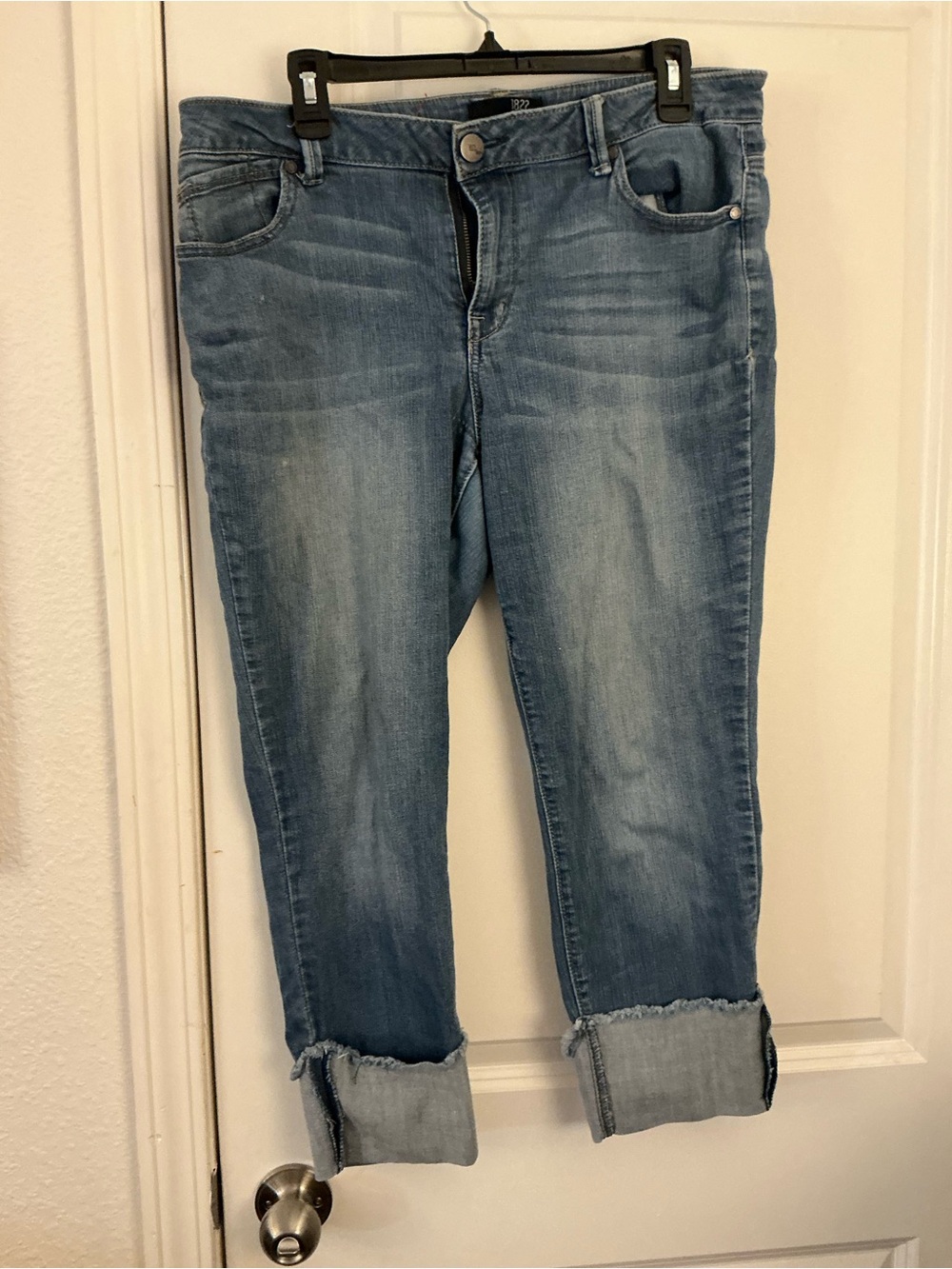 1822 Denim Taylor Deep Roll Cuff Cropped Jeans Raw Fray Hem Blue 14